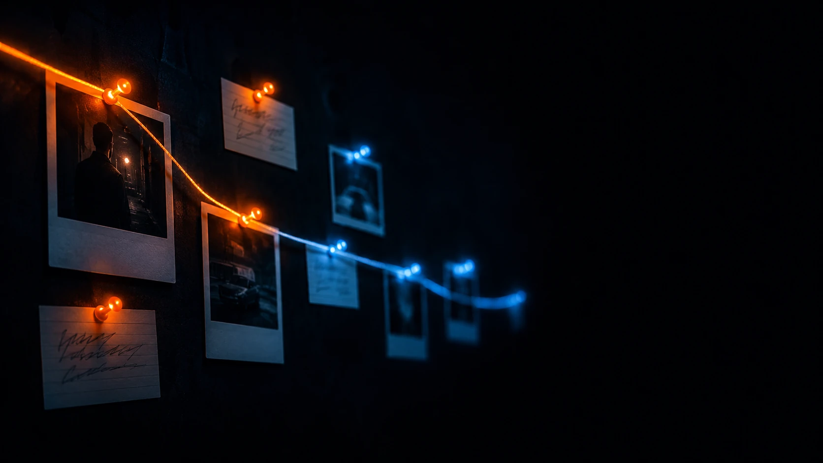 A detective's evidence board — Polaroid photos and handwritten notes pinned along a glowing thread on a dark wall. Memory kept outside the mind, the way JARVIS CODE keeps it outside the context window.